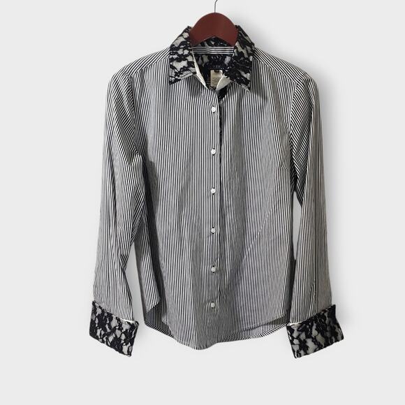 Vex Collection Womens Lace Button Up Pinstripe Blouse Black White Sz 38 (8-M) - Picture 1 of 12